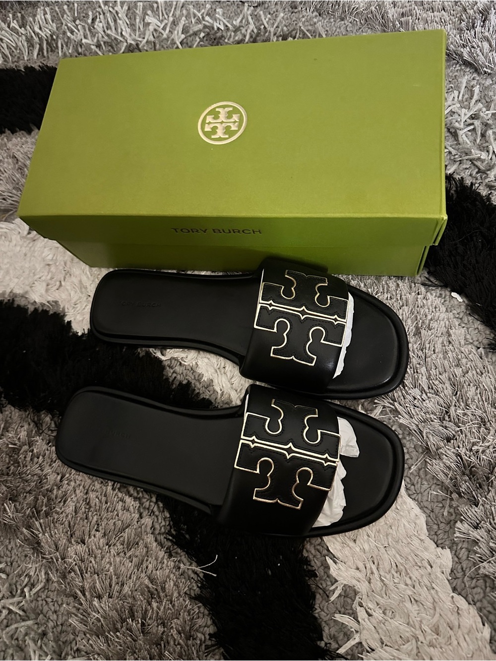 Tory Burch Black Slide Sandals with Gold-Trim Logo